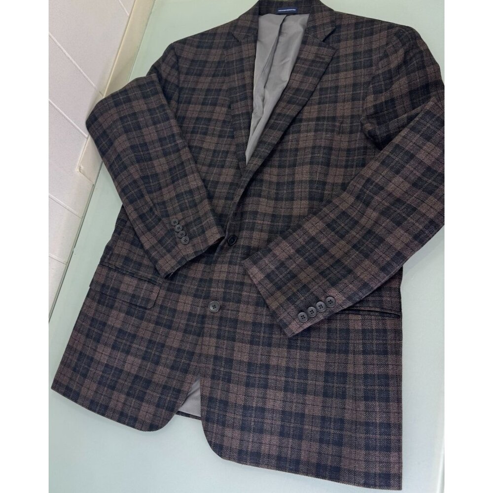 Stafford Signature Blazer Sport Coat 44L Slim Fit 100% Wool Brown Black Plaid